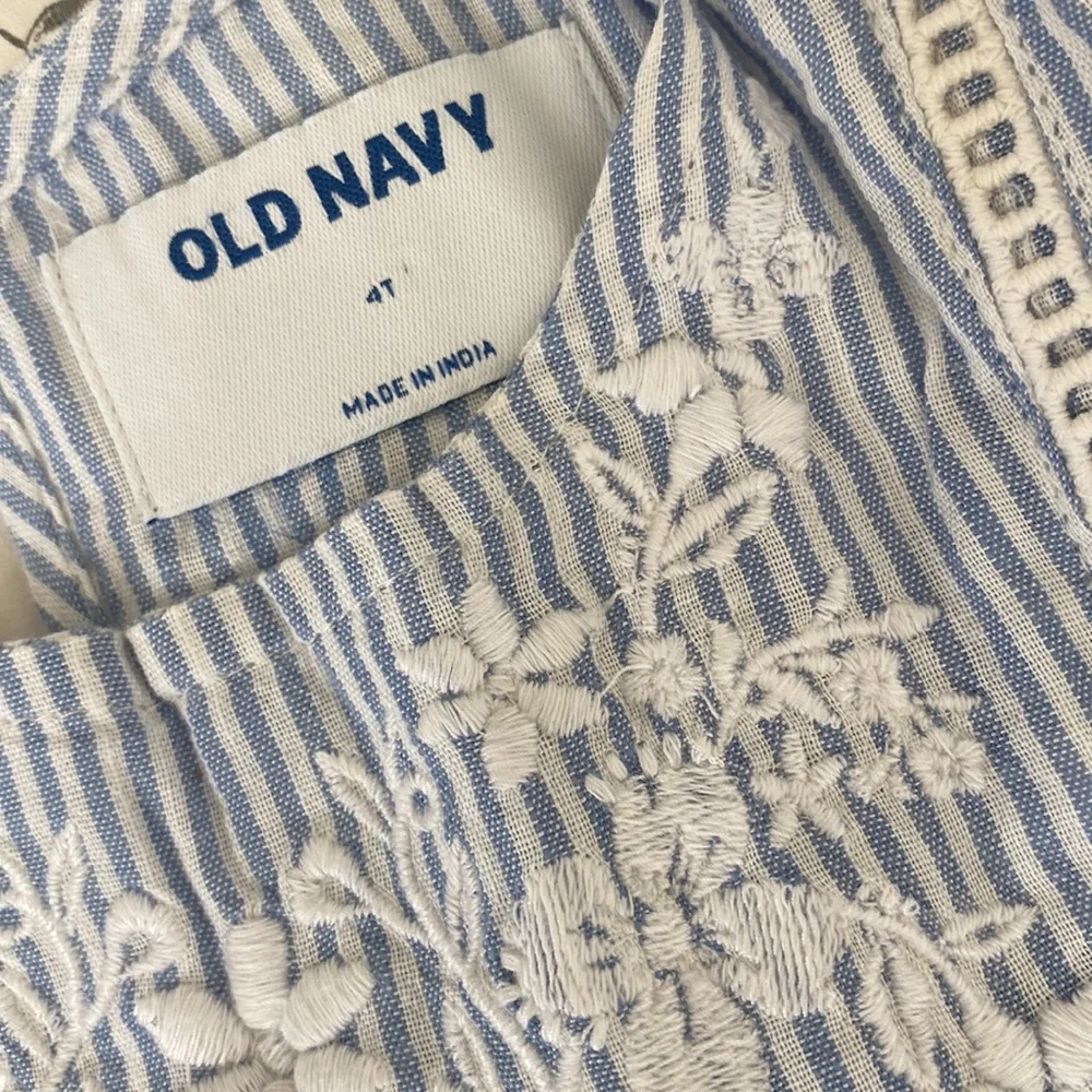 Old Navy Light Blue and White Striped Girls Blouse with Embroidered Yoke